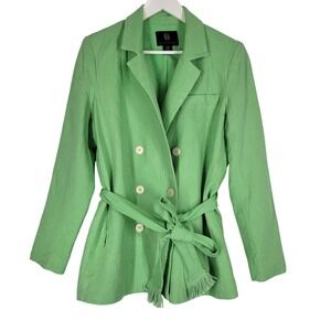 House of Harlow 1960 Linen Blend Belted Blazer Jacket Green Double Breasted M